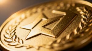 Gold badge with intricate and shiny details.