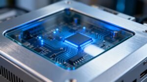 Onduleur moderne avec circuits lumineux et boîtier métallique.