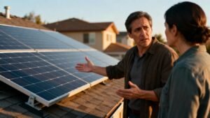 Neighbours discussing solar panels on a roof