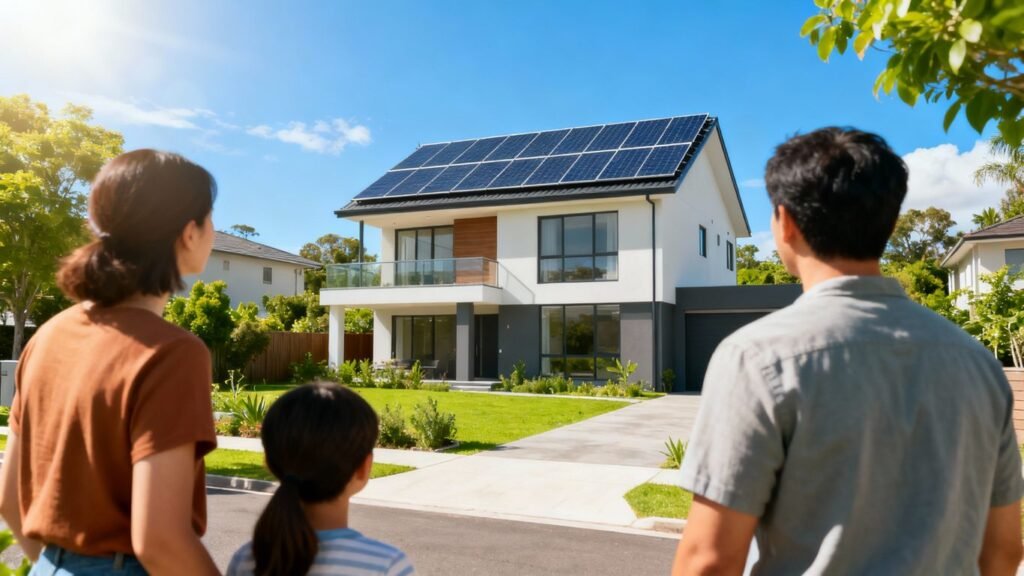 Modern house with solar panels under a blue sky