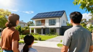 Modern house with solar panels under a blue sky
