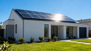 Integrated solar panels on the roof of a modern house