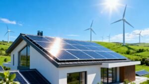 Toits solaires et éoliennes dans un paysage futuriste de 2025.