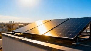 Solar panels installed on an urban roof under the sun