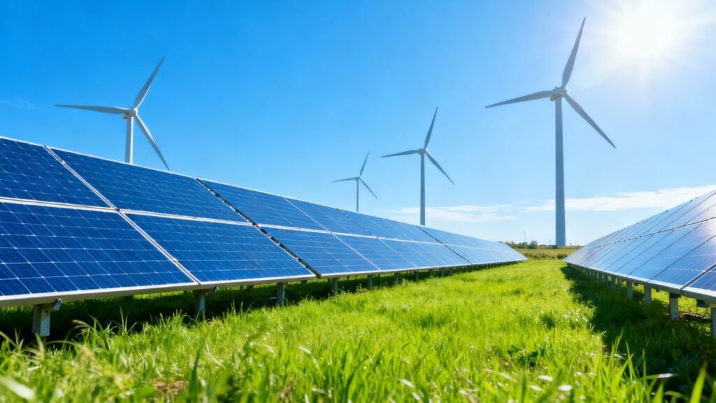 Solar panels under blue sky with wind turbines behind