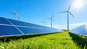 Solar panels under blue sky with wind turbines behind