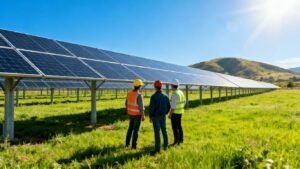 Ingénieurs inspectent des panneaux solaires dans un champ verdoyant.