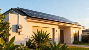 Maison avec panneaux solaires et compteur électrique