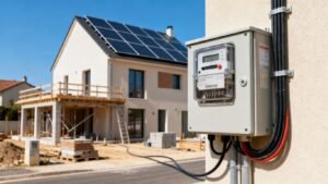 Maison française avec compteur électrique près du raccordement Enedis