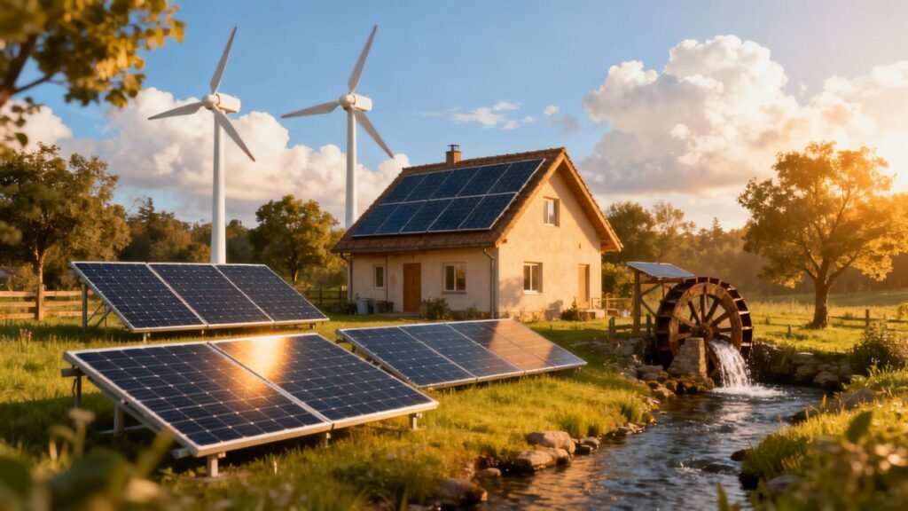 Maison avec panneaux solaires, éoliennes et roue à eau