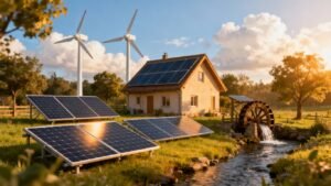 Maison avec panneaux solaires, éoliennes et roue à eau