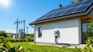 Modern house with solar panels and green landscape