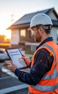 Photographie réaliste et nette d’un électricien professionnel en tenue de chantier (gilet orange, casque blanc), debout devant une maison équipée de panneaux solaires en toiture, consultant sur une tablette numérique un formulaire CONSUEL. L’arrière-plan montre le soleil levant et le réseau électrique (lignes moyenne tension) à distance. L’ambiance doit suggérer la conformité, la vérification et la modernité du processus. Éclairage naturel, teintes chaudes. Le mot "CONSUEL" est visible sur l’écran de la tablette.