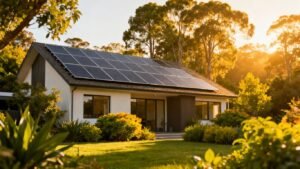House with solar panels, green environment, clean energy.