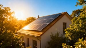 Solar panels on a roof under a blue sky.