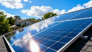 Solar panels on a roof under the sun.
