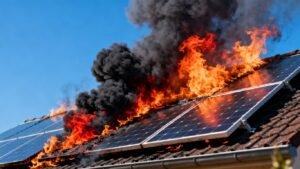 Solar panels on fire on a roof
