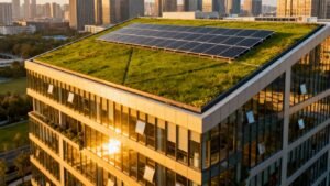 Bâtiment tertiaire avec toit végétalisé et panneaux solaires.