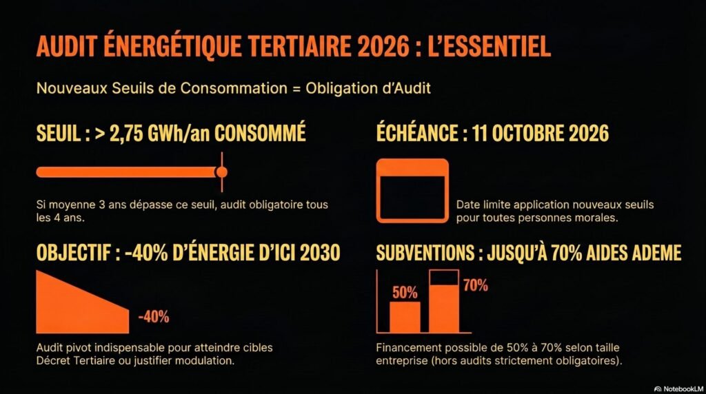 Audit énergétique tertiaire : obligations, méthode et coûts en 2026 1 Voici ce qu'il faut savoir en 2026 concernant l'audit énergétique dans le secteur tertiaire, une démarche devenue incontournable sous l'impulsion de la loi DDADUE et du Décret Tertiaire.