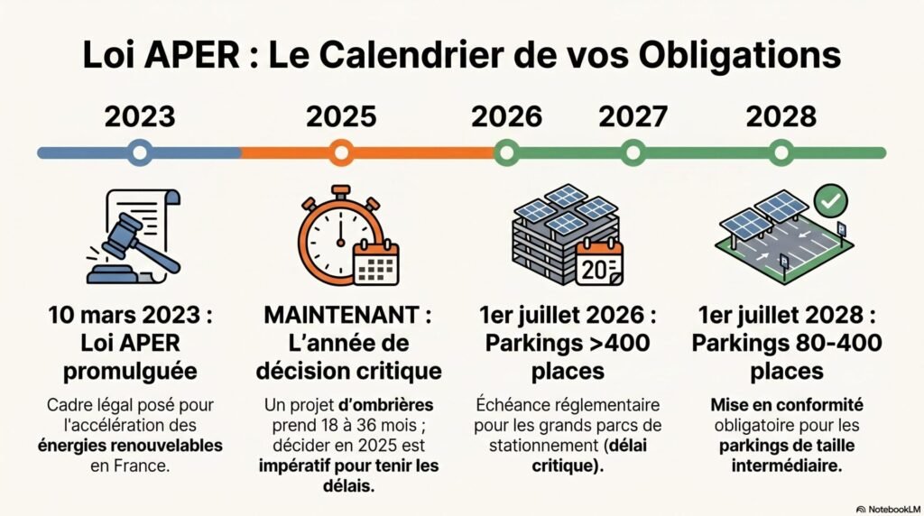 Loi APER résumé : article 40 et obligations d'énergie renouvelable en 2026 2 loi aper résumé: calendrier échéances loi APER parking solarisation 2026 2028