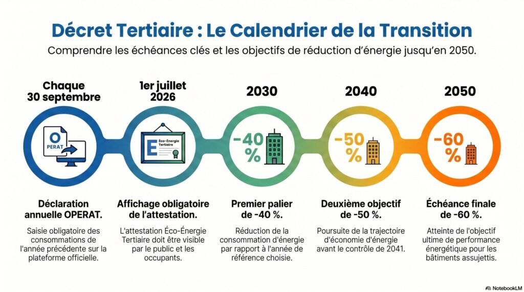 Décret tertiaire : enjeux, obligations et impacts sur les bâtiments professionnels 3 Calendrier du Décret Tertiaire