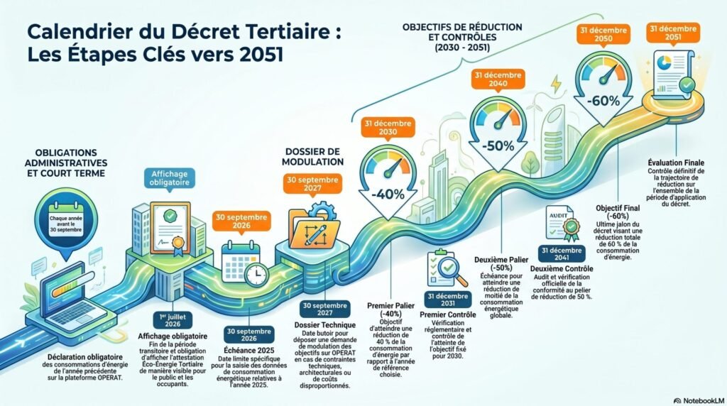 Décret tertiaire : enjeux, obligations et impacts sur les bâtiments professionnels 4 Calendrier du Décret Tertiaire 2051