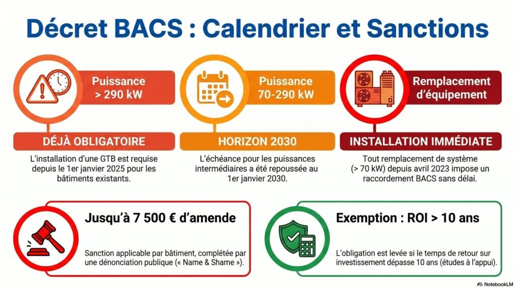 Décret BACS : réglementation, bâtiments tertiaires concernés et obligations GTB 3 Quel contrôle pour le respect du décret BACS ? La réglementation ne précise pas de sanction particulière en cas de non-respect des obligations prévues par le texte. Pour autant, le décret publié le 8 avril 2023 prévoit une inspection périodique obligatoire des systèmes, tous les 2 à 5 ans.