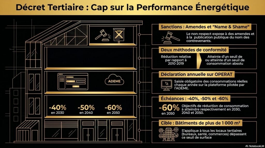 Le décret tertiaire impose une réduction progressive et obligatoire des consommations énergétiques pour les bâtiments tertiaires de plus de 1 000 m², avec des objectifs chiffrés par décennie (40 % en 2030, 50 % en 2040, 60 % en 2050). Fondé sur l’article 175 de la loi Élan, il s’applique à un large éventail de secteurs : bureaux, enseignement, santé, commerces, hôtels, sports, etc.