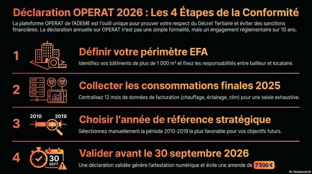 OPERAT : comment déclarer et suivre vos obligations liées au décret tertiaire 1 Voici les étapes clés pour effectuer votre déclaration annuelle sur la plateforme OPERAT de l'ADEME, indispensable pour vous conformer au Décret Tertiaire