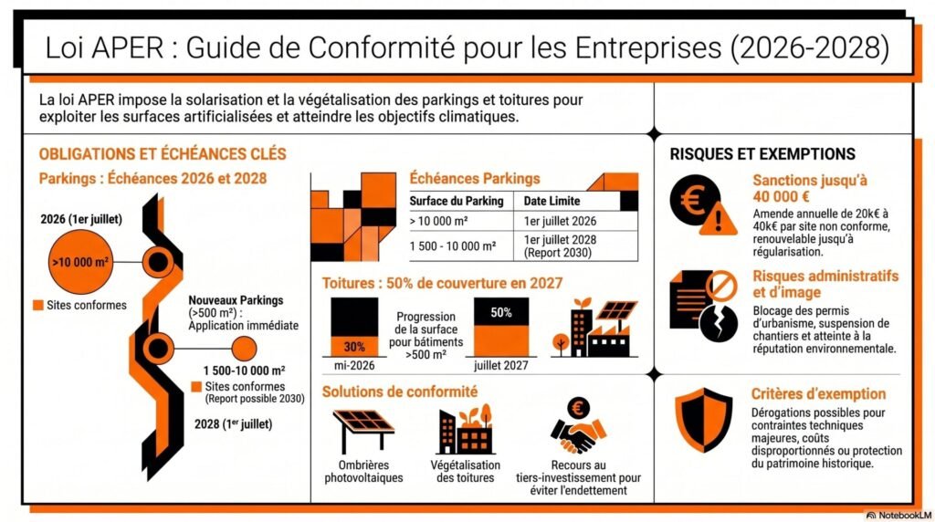 Loi APER : obligations, exemptions et conséquences pour les entreprises en 2026 1 Loi APER : obligations, exemptions et conséquences pour les entreprises” infographie claire, structurée et pédagogique à destination des entreprises, directions immobilières, responsables patrimoine, exploitants de sites, responsables techniques et décideurs B2B, afin de leur permettre de comprendre rapidement :