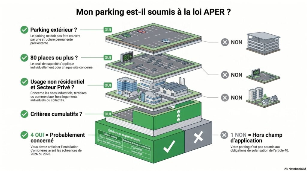 Loi APER résumé : article 40 et obligations d'énergie renouvelable en 2026 1 critères assujettissement loi APER parking entreprise article 40