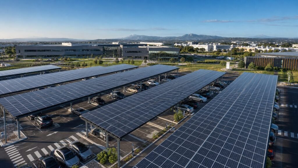Loi APER résumé article 40 et obligations pour les parkings: Vue aérienne d’un grand parking extérieur d’entreprise couvert d’ombrières photovoltaïques, ciel bleu, zone industrielle moderne en France, esthétique énergie propre, photoréaliste, style photographie corporate professionnelle, sans personne, douce lumière du matin, ultra-net.