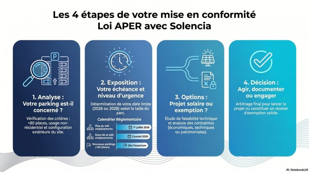 Loi APER résumé : article 40 et obligations d'énergie renouvelable en 2026 3 pré-audit APER Solencia parking étapes processus