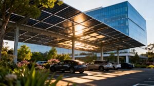 Solar shade in front of a modern office building.
