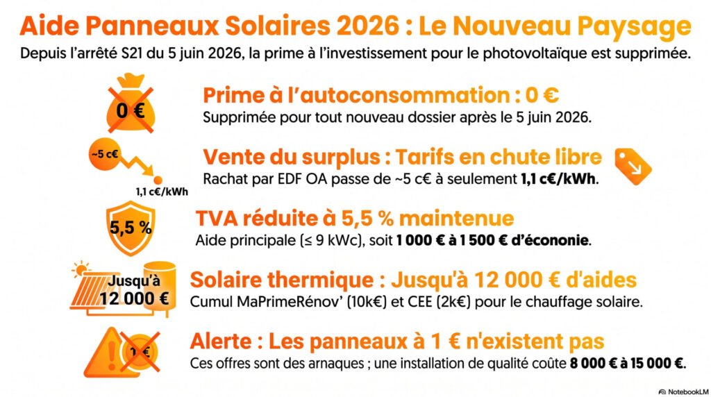 Aide panneau solaire 2026 : montants et autres aides panneaux solaires 1 Ce guide détaille les transformations majeures du cadre réglementaire et financier des installations solaires en France à partir de juin 2026. Le texte souligne la suppression de la prime à l'autoconsommation et la forte baisse du tarif de rachat de l'électricité, rendant le solaire thermique bien plus soutenu que le photovoltaïque.