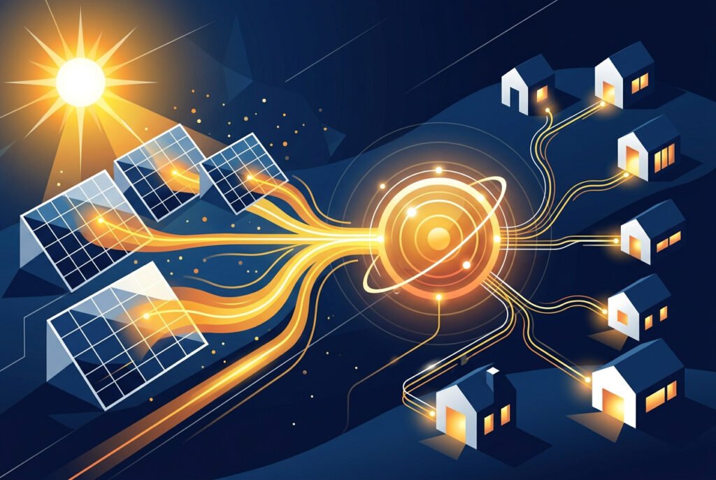 Batterie virtuelle photovoltaïque : comment ça marche et quelle offre choisir en 2026 ? 1 Illustration abstraite d'un réseau de stockage virtuel d'électricité photovoltaïque avec flux d'énergie solaire reliant panneaux solaires et points de consommation — batterie virtuelle — aucun humain, aucun chiffre, aucune lettre